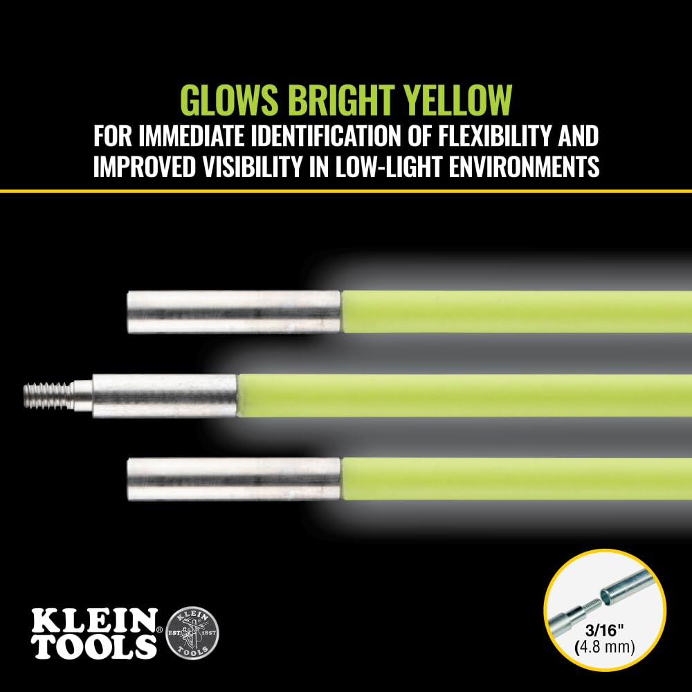 Klein Tools 50152 Mid-Flex Glow Fish Rod with Splinter Guard Coating, (3) 3/16-Inch Fish Rods with Bullet Nose, Hook Attachments, 15-Foot