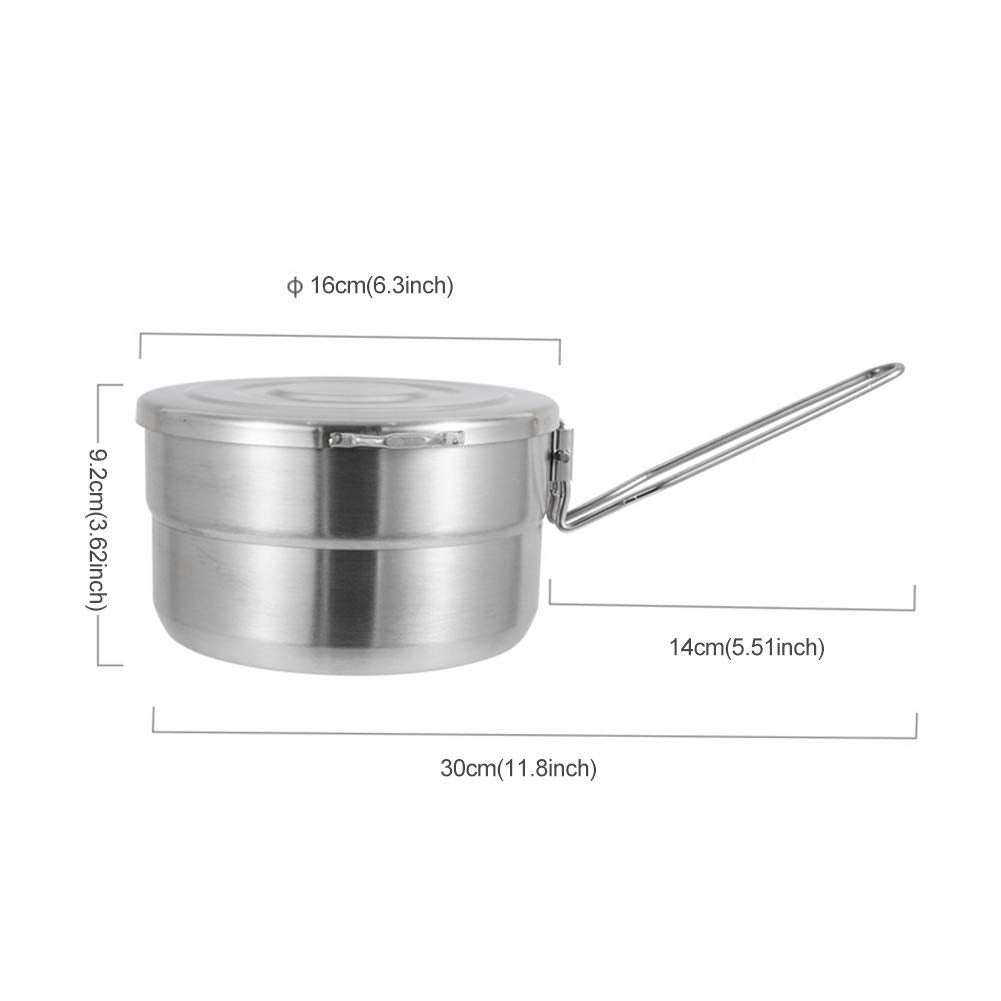 EKDJKK Stainless Steel Camping Cook Pot, 1.5L Camping Cookware with Lid and Folding Handle, Large Capacity Bento Pot for Outdoor Backpacking Camping Hiking Picnic