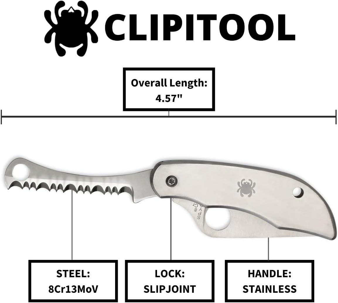 Spyderco ClipiTool Multi-Functional Stainless Steel Utility Pocket Knife with 2" Steel Blade and Screwdriver/Bottle Opener - PlainEdge - C175P