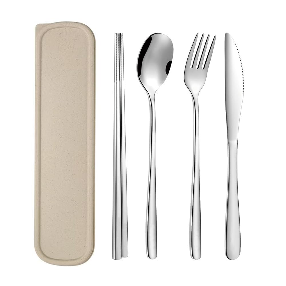 Portable Travel Utensils with Case, 18/8 Stainless Steel 5pcs Cutlery Set Portable Camp Reusable Flatware Silverware, Include Fork Spoon Chopsticks with Case