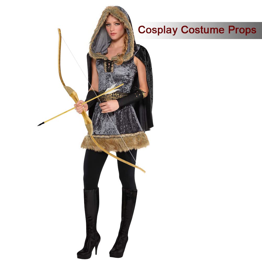 Wooden Bow and Arrow Set, 40 Inch Handmade Wooden Bow and Arrow Cosplay Costume Prop Archery Set Games Toys, 1 Bows 1 Quivers and 5 Feather Arrows, Gifts for Kids Youth Boys and Girls