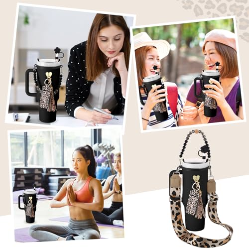 Skylety 7 Pcs Leopard Silicone Cup Accessory Set Compatible with Stanley Cup Leopard Beaded Bottle Strap Carrying Strap Lipstick Holder Tassel Charm Straw Cover Bottle Ring 8-40 oz Tumbler(Black)