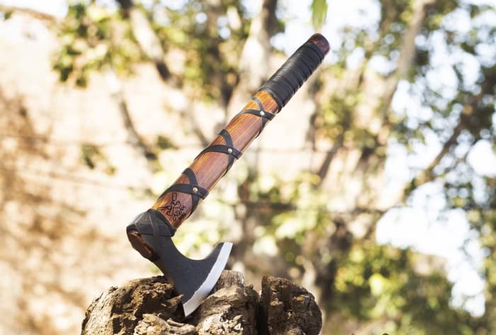 ADAM KNIVES Handmade Gift Forged Carbon Steel Viking Axe, Camping Hatchet with Rose Wood Shaft (Ragnar Axe)