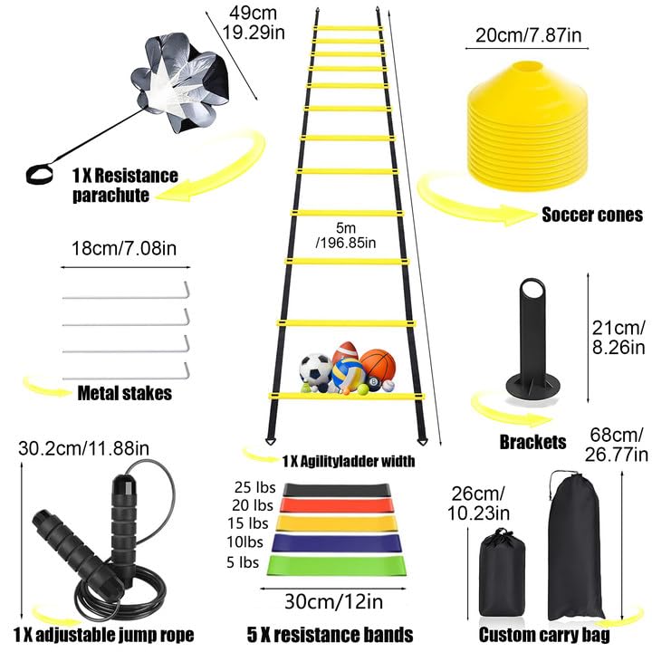 Agility Ladder, Speed Training Equipment Set, 20ft 12-Step Agility Ladder with 4 Fixed Steel Spikes, 5 Resistance Bands, 12 Football Cones, Jump Rope, Running Resistance Umbrella for Kids Teens Adults