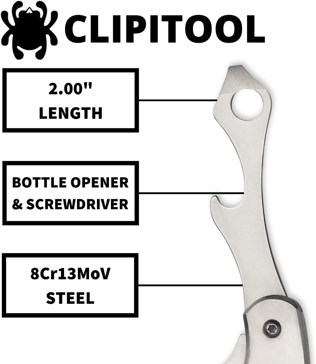 Spyderco ClipiTool Multi-Functional Stainless Steel Utility Pocket Knife with 2" Steel Blade and Screwdriver/Bottle Opener - PlainEdge - C175P