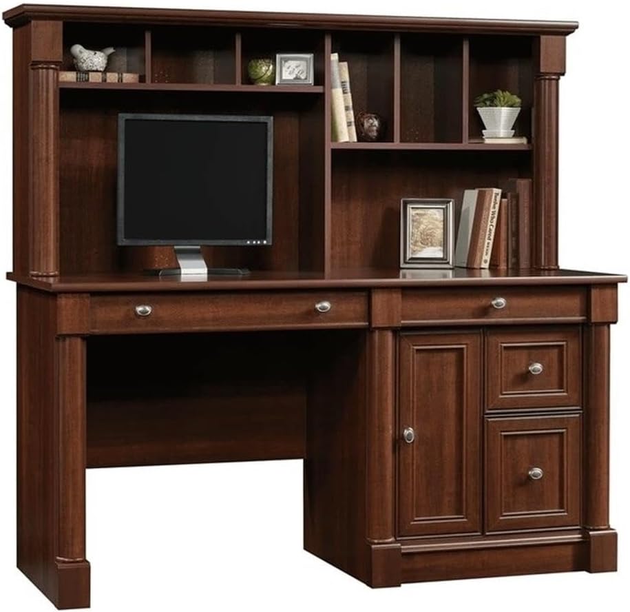 Pemberly Row Contemporary Wood Computer Desk with Hutch in Cherry