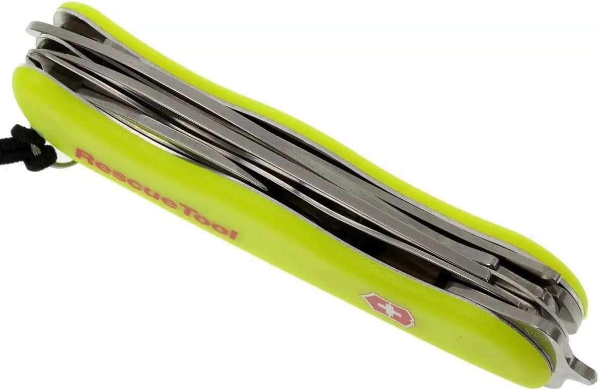 Victorinox Rescue Tool with Nylon Pouch Swiss Army Knife, 13 Functions, Swiss Made Pocket Knife with Seatbelt Cutter and Glass Saw - Fluorescent Yellow