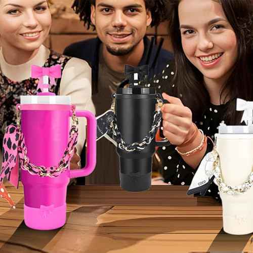 Stanley Cup Accessories Set, Bow Straw Toppers, Water Bottle Handle Strap, Straw Cover Boots for Stanley, Silicone Straw Toppers for Tumblers, Bow Cup Accessories for 20&30&40Oz (Black)