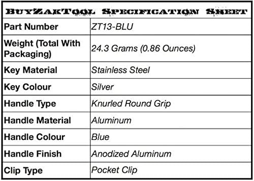 Zak Tool ZT-13-BLU Aluminum Handcuff Standard Cuff Key, Blue