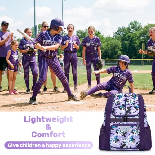 KAVIGOR Youth Baseball Bag Purple Camo T-Ball Backpack with Shoes Compartment