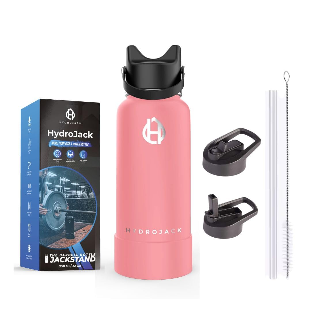Hydrojack - Flask-Style Water Bottle w/ 505 lb. weight capacity Deadlift Jack Stand with Phone Slot for Weightlifting (Power Pink)