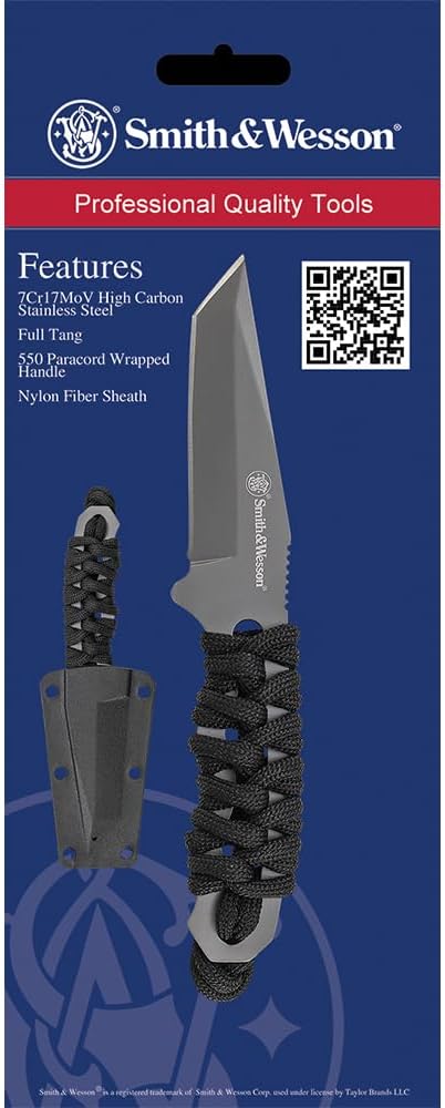 Smith & Wesson SW910TAM 5.9in High Carbon S.S. Full Tang Neck Knife with a 2.8in Tanto Blade and Paracord Handle for Outdoor, Tactical, Survival and EDC