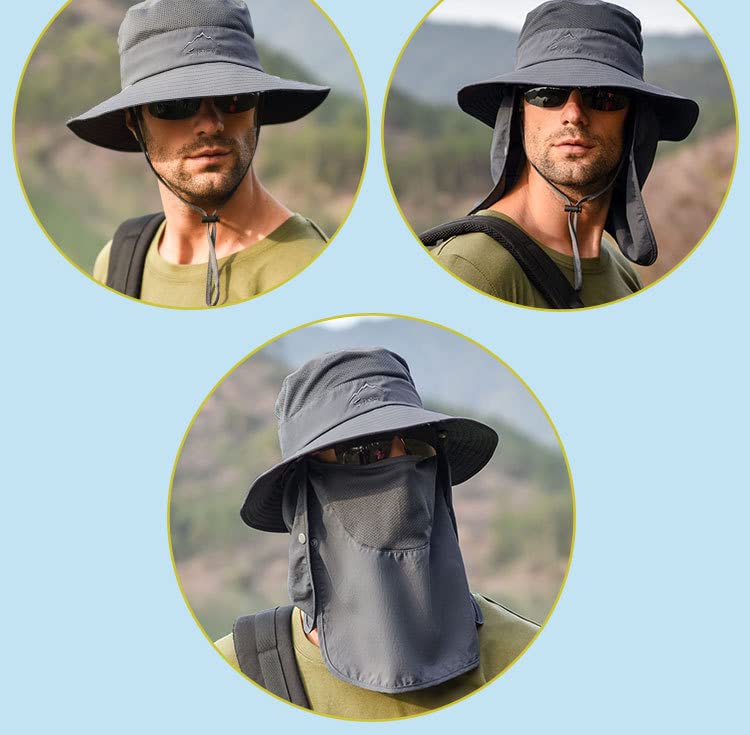 Fishing Hat for Men, Outdoor 3 in 1 Sun Hat Summer Wide Brim Safari Hat Boonie Hat with Neck Flap Dark Grey