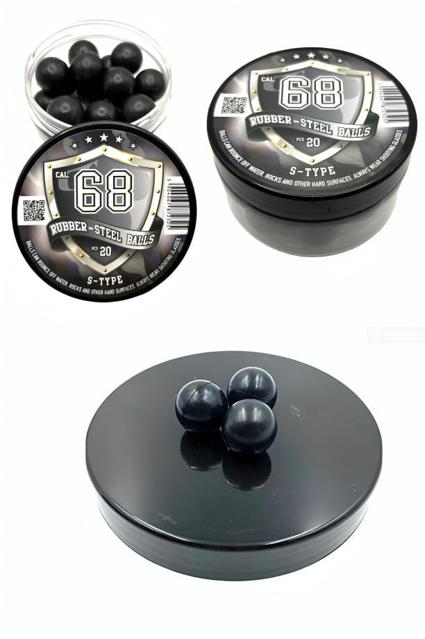 20 pcs S-Type RUBBER-STEEL BALLS in .68 Cal. Premium Quality Hard Rubber Steel Balls Paintballs Powerballs 7 gr. Heavy Ammo for Self Home Defense Training Pistols in 68 Caliber