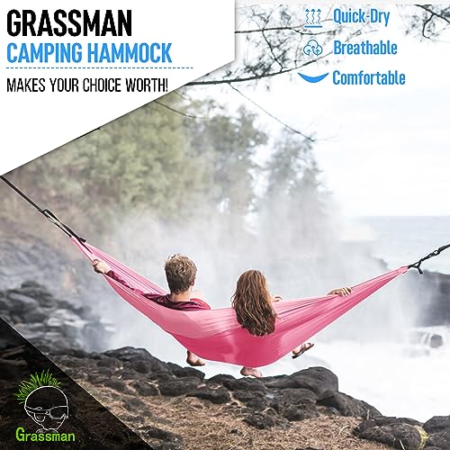 Pink Double Camping Hammock with Tree Straps - Portable Lightweight Nylon Parachute for Indoor Outdoor Travel
