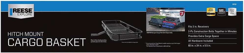 REESE Explore 63153 Rambler Hitch Mount Cargo Carrier, 60 X 24 Inches, Fits 2 Inch Receivers, 500 lbs. Capacity