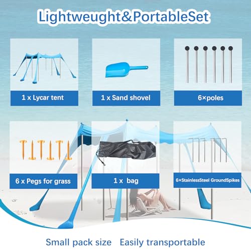 Beach Tent Sun Shelter, 10 x 10 FT Beach Canopy Tent Sun Shade, UPF50+ Protection with 6 Sandbags 6 Stability Poles, Outdoor Beach Shade Canopy for Camping, Fishing, Backyard