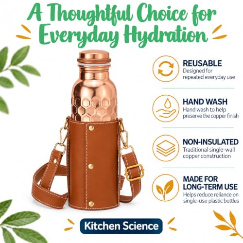 Copper Water Bottle with Leather Sling - 34oz Ayurvedic Honeycomb Design, Tan Brown