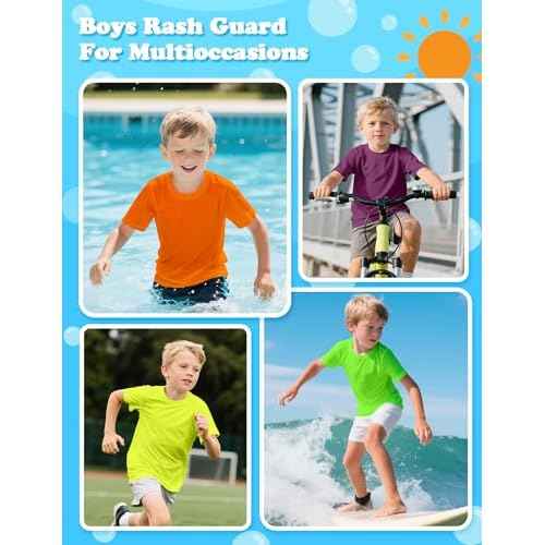 Boys Rash Guard Swim Shirt UPF 50+ Short Sleeve Athletic Shirts Quick Dry Fit Sun Shirt Neon Tees for Kids Girls Youth 2-16Y