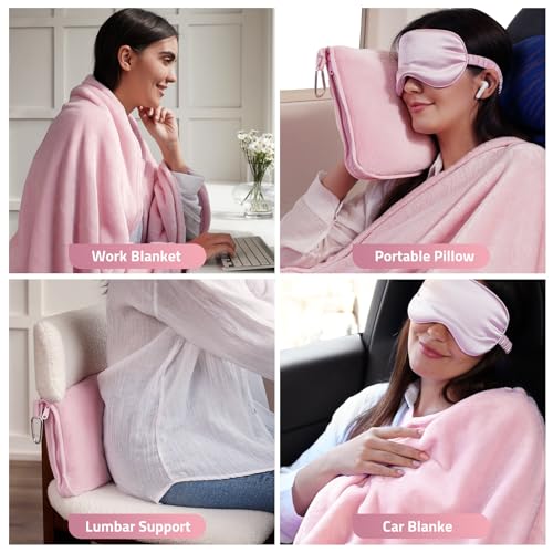 Travel Blanket, Airplane Blanket with Bag, Ultra-Soft, Warm & Lightweight, 65x40 in, Outdoor Blanket Essentials for Women, Men & Kids, Included Eye Mask, Luggage Sleeve & Backpack Clip