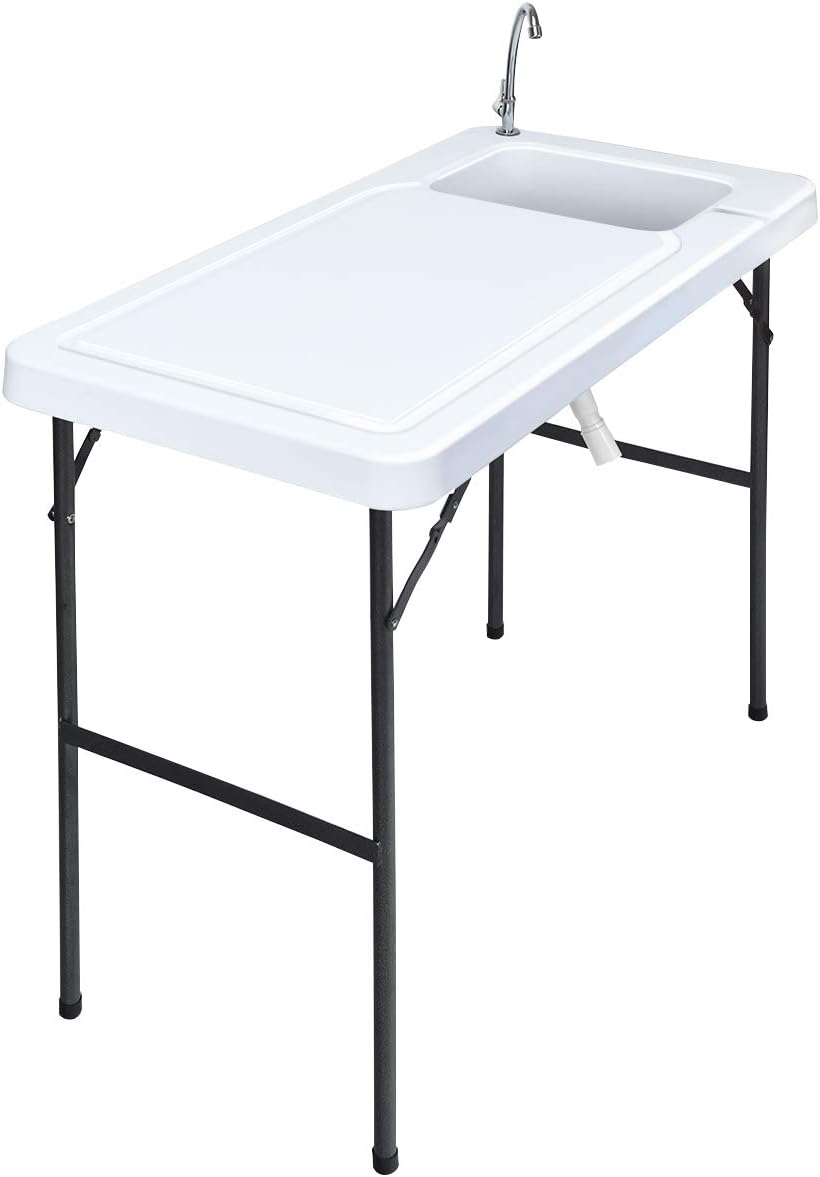 Giantex Fish Cleaning Table, Folding Table with Sink, Faucet and Drain Hose, Portable Outdoor Sink Station with Hose Hook Up, 45"x 23"x 37"