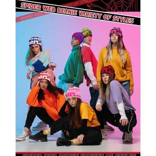 Toulite 12 Pieces Y2K Spider Web Beanie Gothic Graphic Beanies Outdoor Winter Warm Knitted Hat for Men Women