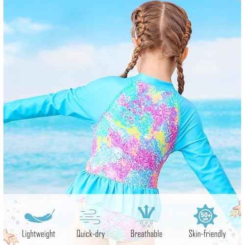 RAISEVERN 1-7 Years Girls Rashguard Swimsuit Long Sleeve One Piece Zipper Bathing Suits with Ruffle Butt