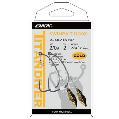 BKK TITANDIVER Gold Swimbait Hook | 3/0 | 1/8oz | 2-Pack | 2X |Needle Hook Point | Super Slide Coating | Fixed Lead | Removable Teaser Blade | Locking Spring | Weedless Fishing