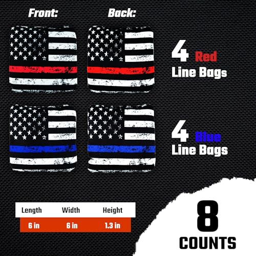 American Heroes Cornhole Bags Set of 8 - Regulation Size & Weight - Blue/Red Line