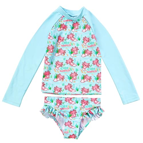 PinkSheep Girls Long Sleeve Two-Piece Swimsuit with Rush Guard for 3-4T - Axolotl Variation