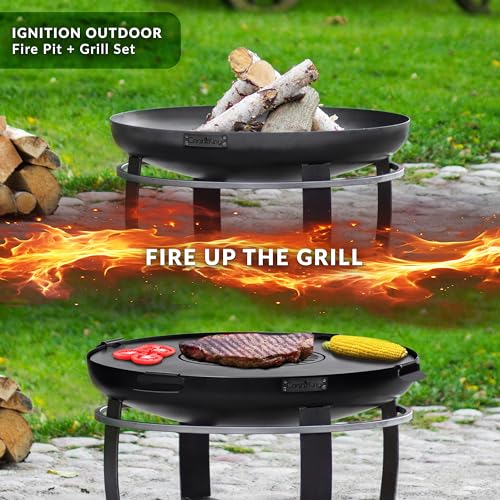 Ignition 24" Handcrafted Cooking Fire Pit with Cooking Grill Plate, Cover Lid and Wood Burning for Backyard Bonfire Campfire for Outside, Medium Outdoor Raw Steel Firepit, by Good Directions