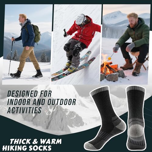 VoJoPi Wool Hiking Socks for Men 5 Pairs, Thermal Winter Warm Moisture Wicking Full Cushioned Crew Boot Socks Size 7-12