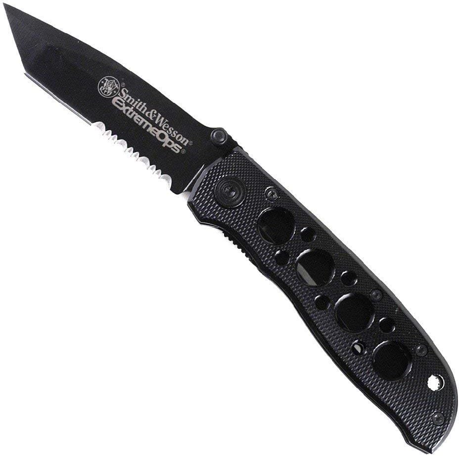 Smith & Wesson CK5TBS 7.4in High Carbon S.S. Folding Knife with a 3.2in Serrated Tanto Blade and Aluminum Handle for Outdoor, Tactical, Survival and EDC