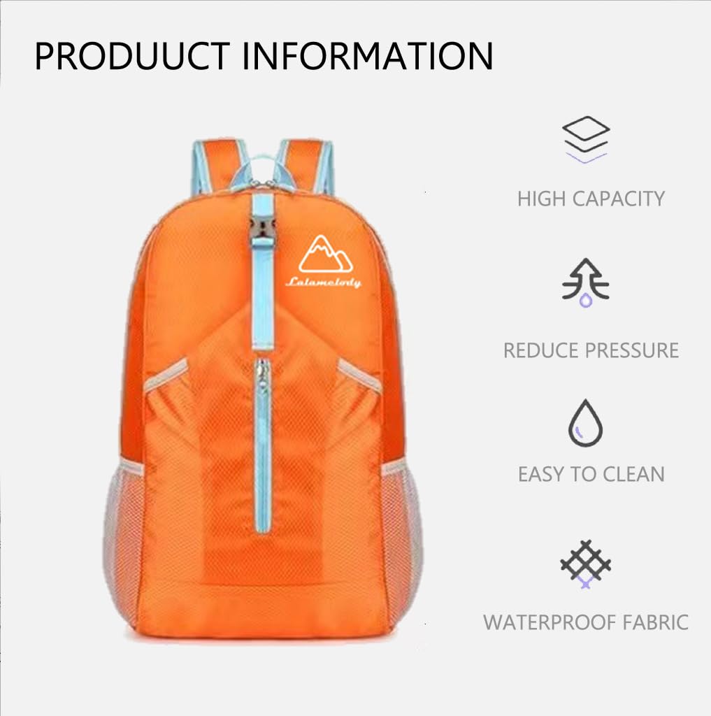 Lalamelody 20L Lightweight Backpack Daypack Foldable Waterproof Packable Hiking Travel Shoulder Bag for Man Woman Orange