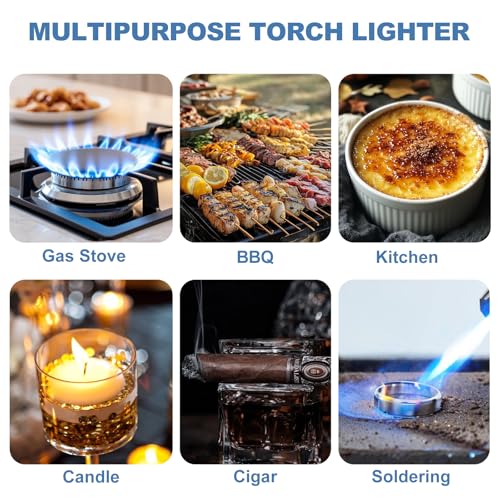 Torch Lighter, Butane Lighter, Adjustable Big Jet Flame Butane Torch, Windproof Refillable Gas Long Torch Lighter with Safety Lock for Candle Grill Camping BBQ Kitchen Soldering, Gas Not Included