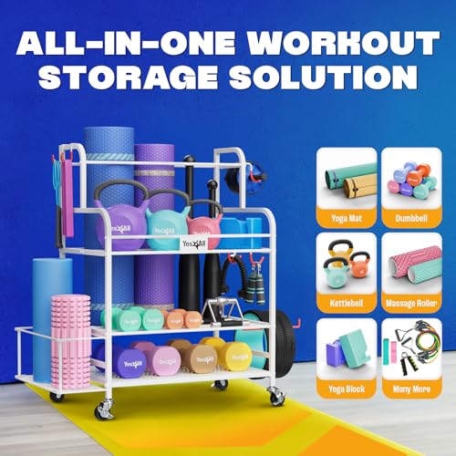 Yes4All Dumbbell Rack, Weight Rack for Home Gym, Sports Equipment Organizer for Dumbbells Kettlebells Yoga Mat Foam Roller and Balls, All in One Gym Workout Storage with Wheels and Hooks, White