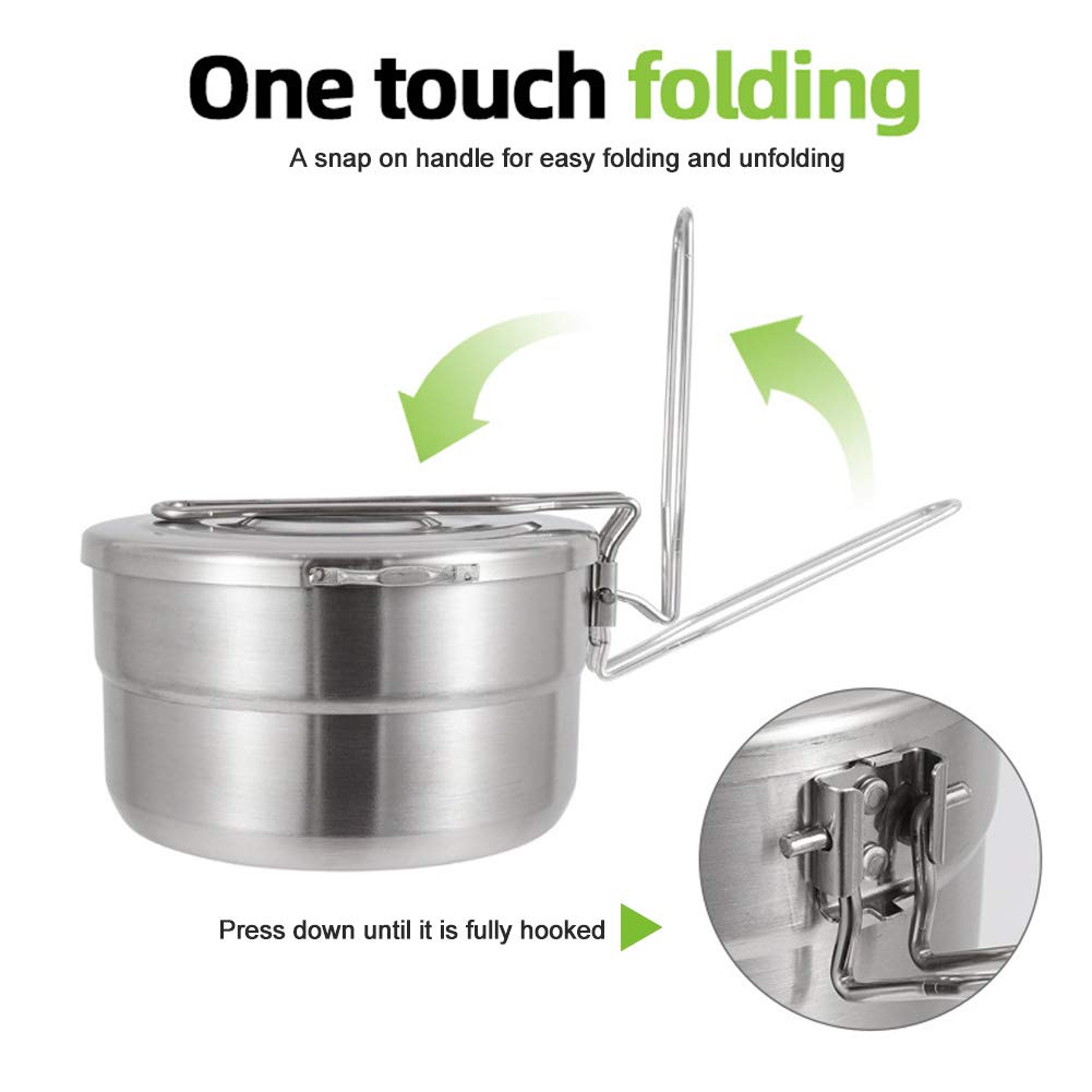 EKDJKK Stainless Steel Camping Cook Pot, 1.5L Camping Cookware with Lid and Folding Handle, Large Capacity Bento Pot for Outdoor Backpacking Camping Hiking Picnic