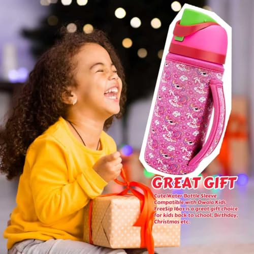 16 oz Kids Water Bottle Sleeve - Strawberry Neoprene Cover with Handle - Compatible with Owala FreeSip for Boys & Girls