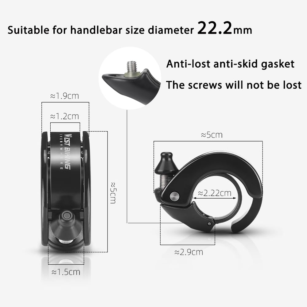 LESOVI Hidden Bike Bell, MTB Bicycle Bells for Adults or Kids, 100dB Loud Crisp Clear, Mountain Bike, e Scooter, Walker - for 22.2mm/0.78in Handlebars (Black 0.87"/22.22mm)