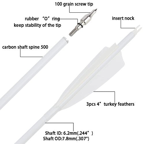 surwolf 31" Carbon Arrows Fluorescence Color Archery Hunting Arrows 500 600 Spine with Feather Fletched Target Practice Arrows for Archery Compound & Recurve & Long Bow 6/12pcs (12, White, Spine 600)