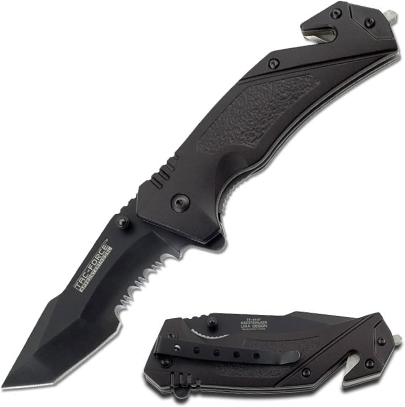 Tac-Force Folding Pocket Knife – Black Partially Serrated Stainless Steel Tanto Blade, Black Aluminum Handle with Rope Cutter, Glass Punch, Tactical, EDC, Rescue - TF-810T