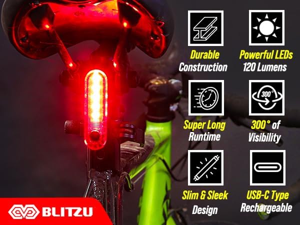 BLITZU USB-C Rechargeable Bike Tail Light 2 Pack, Bright Bicycle Rear Cycling Safety Flashlight Accessories for Night Riding, Cyborg 120T, 4 Light Modes for Adults Kids Men Women Road Mountain