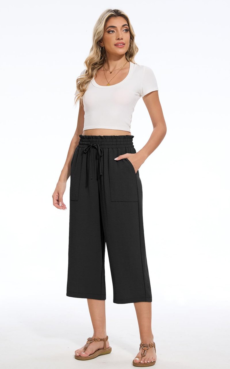 MLXSJ Womens Capri Pants Summer Wide Leg High Waisted Pants Drawstring Casual Trousers with Pockets (Black, XL)