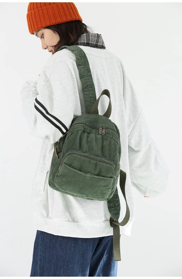 MININAI Aesthetic Backpack Mini Classic Corduroy College Backpack for Women Cute Retro Grunge Casual Daypack (One Size,Green)