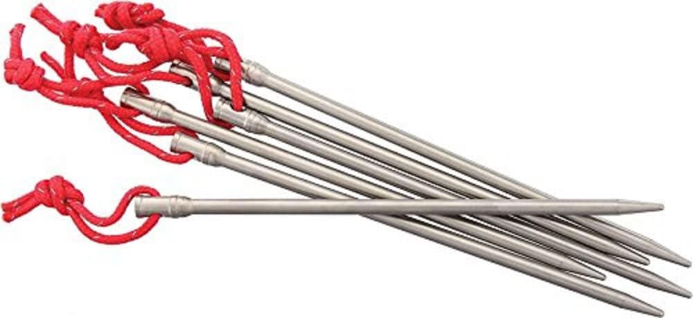 Vargo Titanium Nail Peg with Reflective Cord (6 Pack) | Camping Tent Stakes 0.6 Ounces (14 Grams) 6β L x 0.2β D (152 x 5mm) Ultralight Durable Tent pegs Model T-113