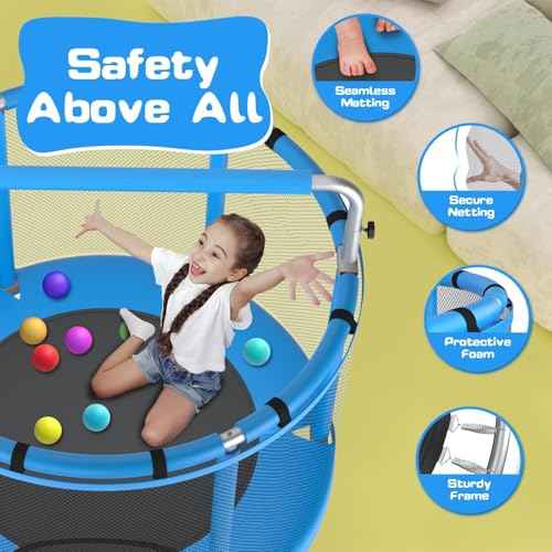 55" Trampoline for Kids with Enclosure, 440lbs Capacity Indoor & Outdoor Toddler Trampoline with Adjustable Gymnastics Bar & Toys, for Boys & Girls