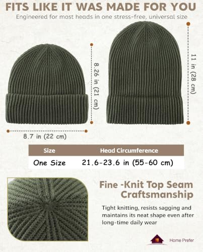 Home Prefer Rib Knit Beanie Hat for Men and Women Cuffed Winter Hat - Army Green, One Size