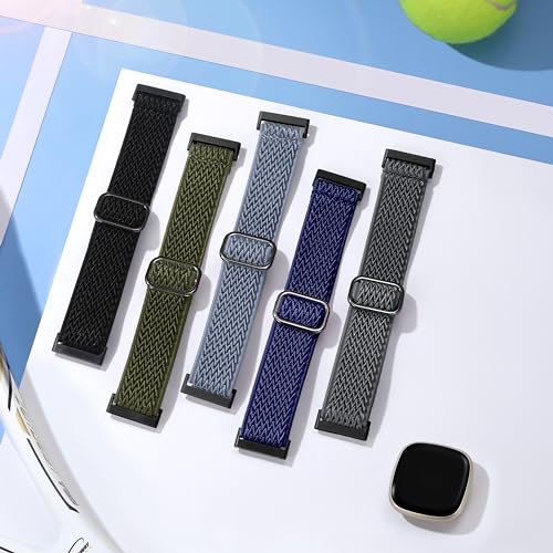 Stretchy Nylon Watch Bands for Fitbit Versa 3/4, Sense & Sense 2 - Navy Blue, Army Green, Blue Gray, Black Gray, Black - Adjustable Strap for Women Men