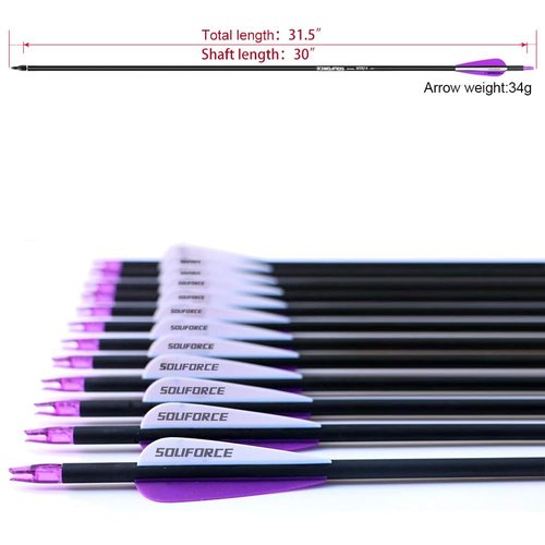 SOUFORCE 30" Purple Carbon Archery Arrows, Spine 500 with Removable Tips, Hunting Arrows Target Practice for Compound Bow and Recurve Bow, 12 Pcs