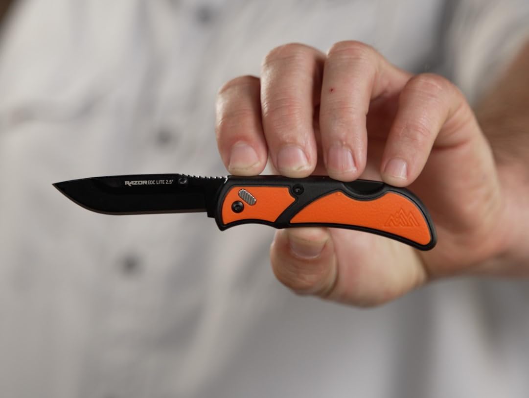 OUTDOOR EDGE Razor EDC Lite Folding Pocket Knife with Clip | Compact 2.5” Replaceable Blade Knife with RazorSafe Blades | Perfect Small Blade for Men, Women, Work & Camping (Orange, 2 Black Blades)
